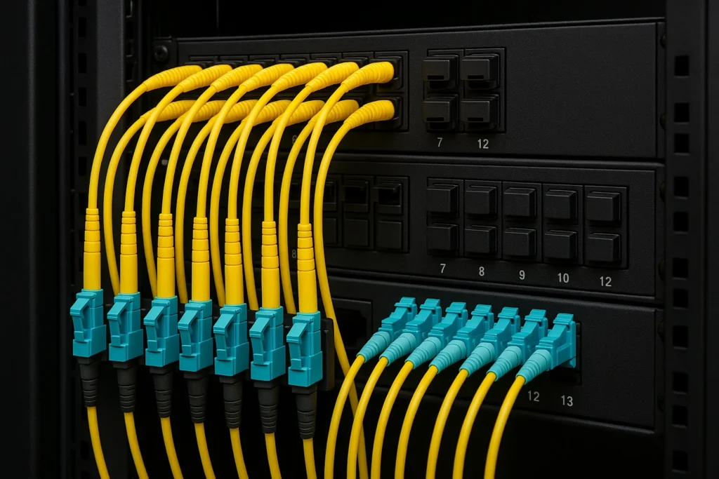 Front view of a data center rack showing labeled pre-terminated panels, aqua and yellow patch cords, clear bend-radius control, and tidy horizontal managers.