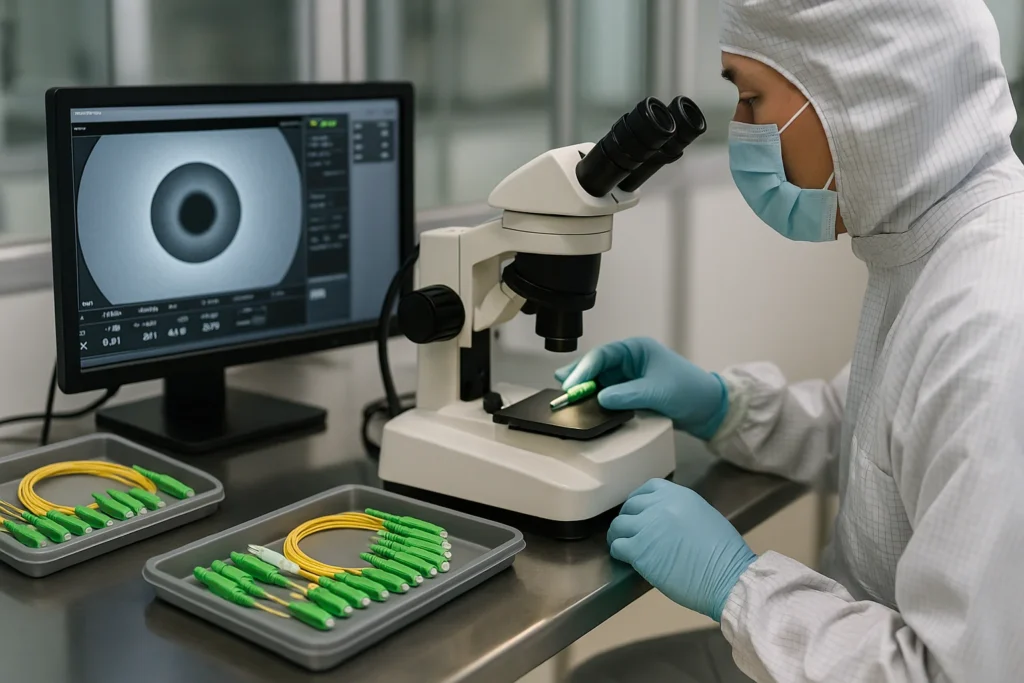 Technician in full cleanroom attire inspecting fiber connector endfaces under a microscope at a polishing/inspection station; monitor shows a connector endface for QC.
