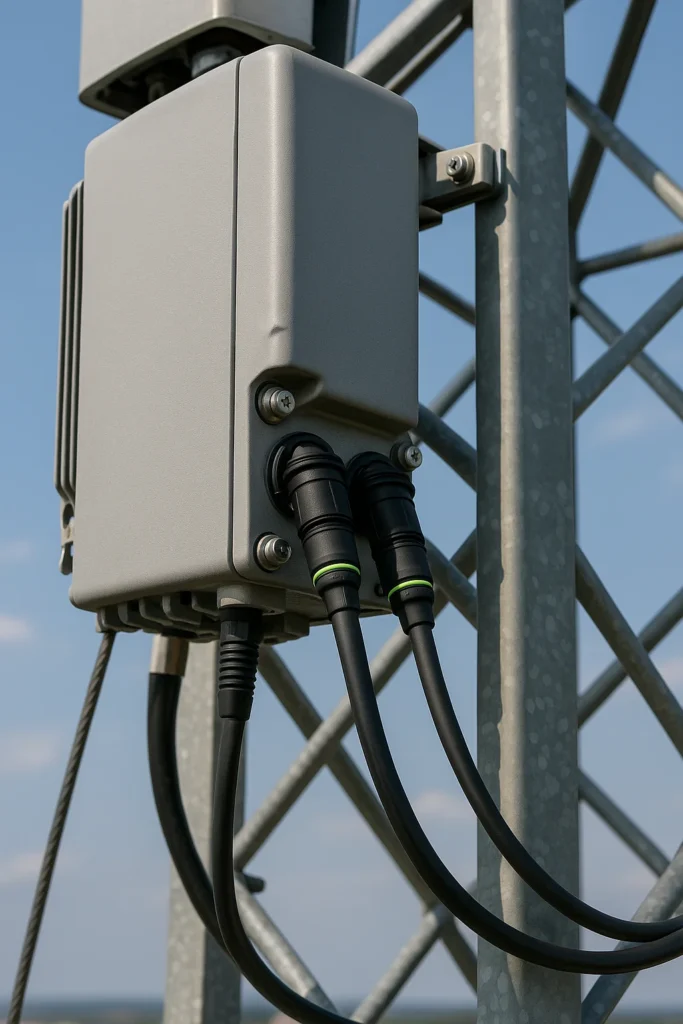 Close-up of an outdoor radio unit’s sealed fiber interface with pre-terminated weatherproof connector mated to the RRH, showing gasketed boot and UV-rated jacket.