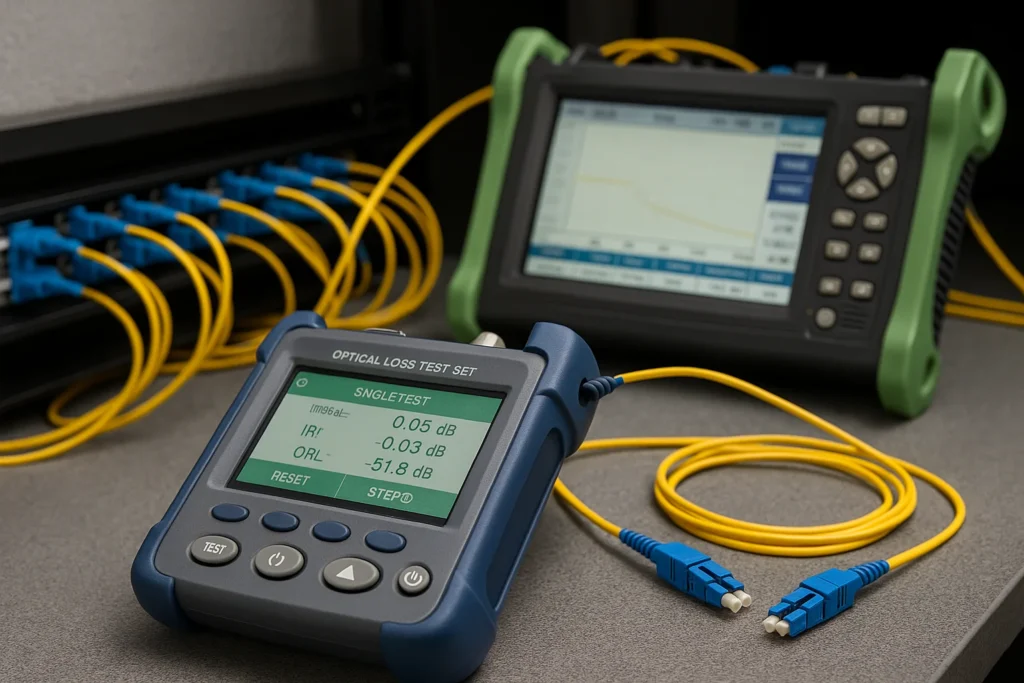 Laboratory test bench with an Optical Loss Test Set and an OTDR connected by yellow patch cords; OLTS screen shows insertion/return loss and OTDR shows a trace curve.