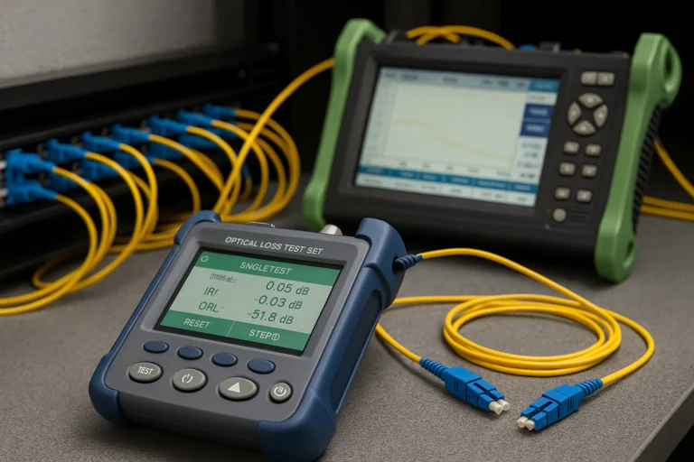 Laboratory test bench with an Optical Loss Test Set and an OTDR connected by yellow patch cords; OLTS screen shows insertion/return loss and OTDR shows a trace curve.