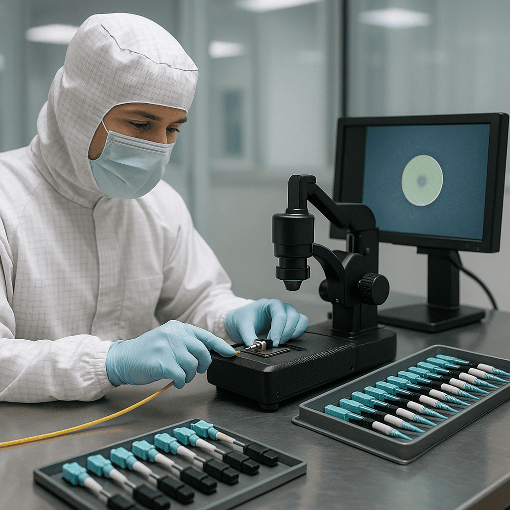 Technician in full cleanroom suit polishing and inspecting fiber connectors at an automated station; microscope and monitor show connector endface for QC.