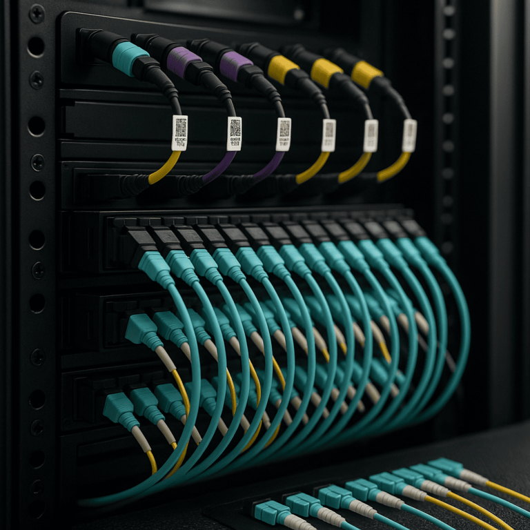 Close-up of organized pre-terminated MPO/MTP trunks and LC patch cords with QR-coded labels in a black rack, shot with soft diffused light.