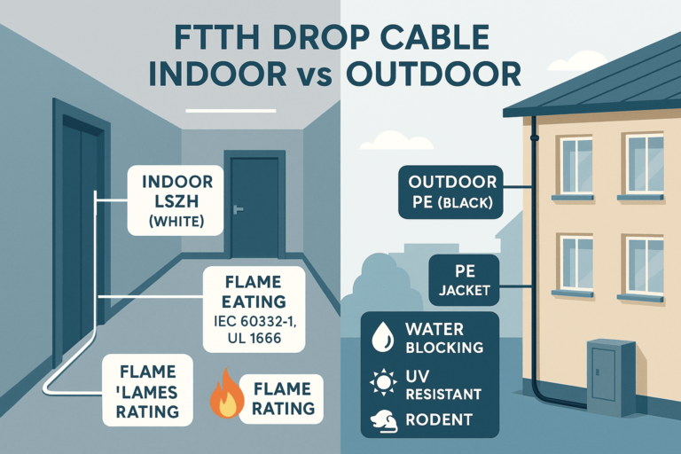 Side-by-side view of FTTH drops: indoor LSZH with flame rating vs outdoor PE with water-blocking, UV resistance, and rodent protection.
