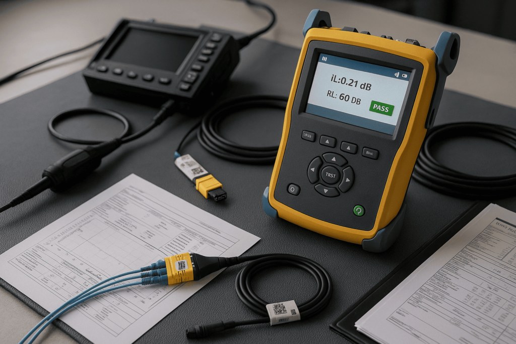 Fiber-optic testing setup with OLTS displaying 0.21 dB insertion loss and 60 dB return loss “PASS,” plus OTDR, inspection probe, and printed test reports.