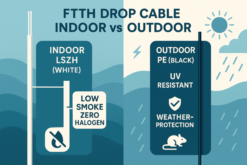 Indoor LSZH (white) vs outdoor PE (black) FTTH cable; low-smoke zero-halogen indoors, UV/weather protection and rodent defense outdoors.