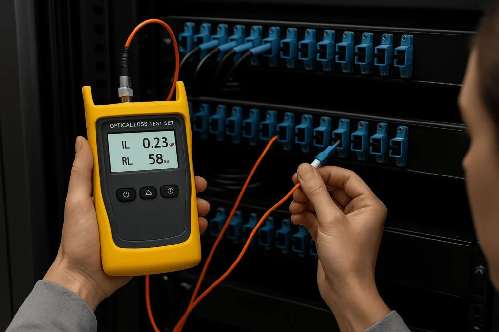 Technician holds an Optical Loss Test Set reading IL 0.23 dB and RL 58 dB while connecting an orange reference cord to a blue LC adapter on a black patch panel; rows of adapters in soft focus.