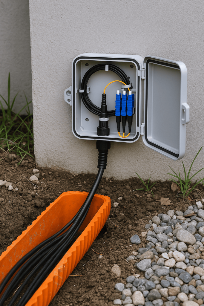 Daylight shot of a gray IP-rated fiber distribution box on an exterior wall; a black PE-jacket trunk emerges from an orange conduit, with internal adapters, pigtails, and a drip loop visible.