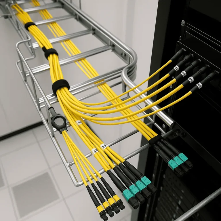 Overhead view of yellow single-mode pre-terminated MPO trunk cables neatly routed on a ladder rack and entering a rack-top panel, each bundle labeled and strain-relieved under soft, even light.