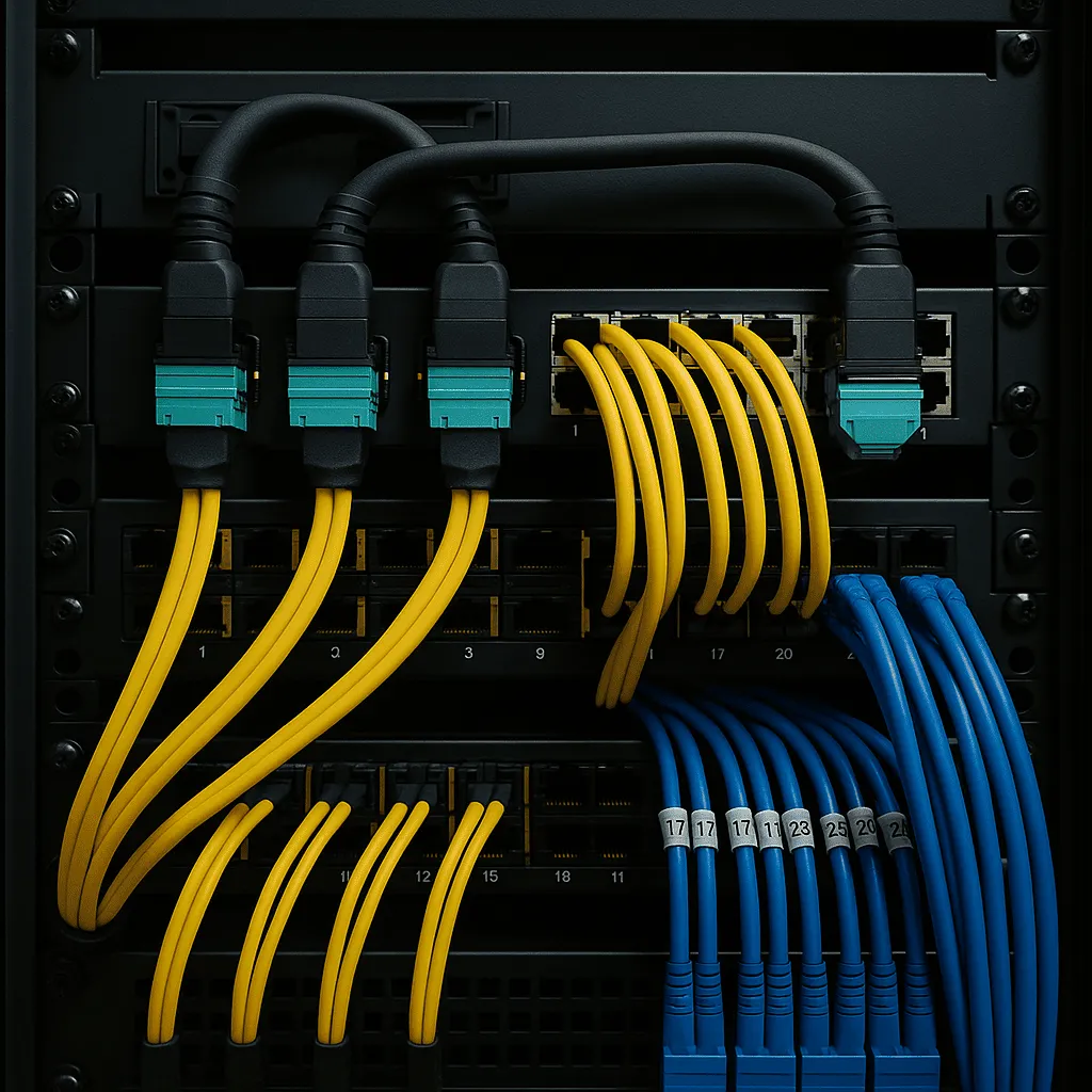 Close-up of a rack rear showing teal MPO connectors into a panel, yellow fiber jumpers, and a labeled bundle of blue Ethernet leads, with tidy cable management and clear airflow paths.