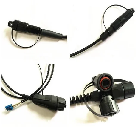 Collage of rugged waterproof fiber connectors with strain-relief boots and tethered caps, showing LC tail and outer shell details used in FTTA small cell or RRH connections.
