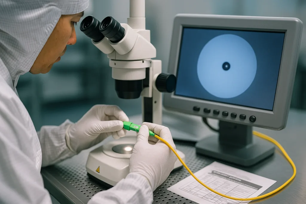 Technician in cleanroom suit inspects a green fiber connector under a stereo microscope; side monitor shows the ferrule endface image for pass/fail quality control.