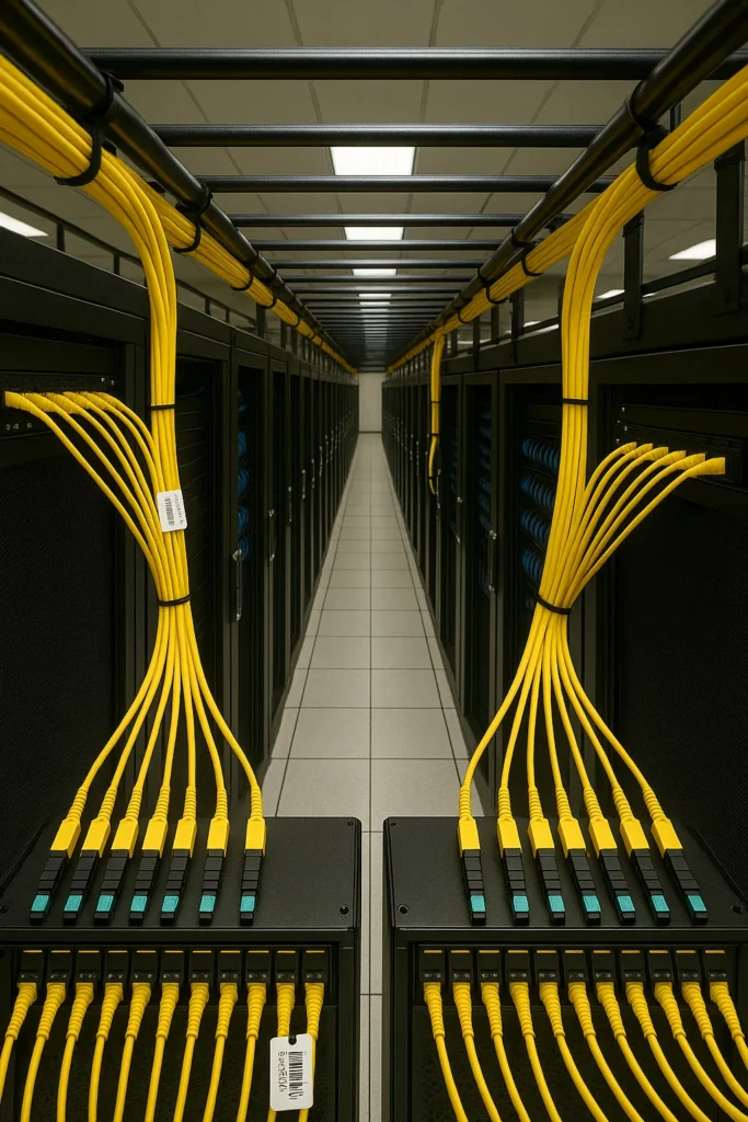 Overhead view of yellow single-mode pre-terminated MPO trunks neatly routed on a ladder tray and into rack-top MTP panels, with labeled bundles and strain relief.