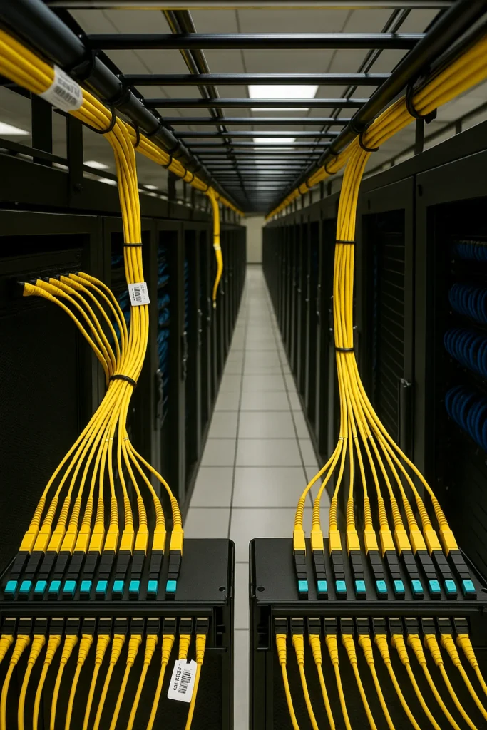 Symmetrical data center aisle with black racks; yellow fiber trunks drop from overhead tray into MTP/MPO patch panels; blue structured cabling visible behind perforated doors.