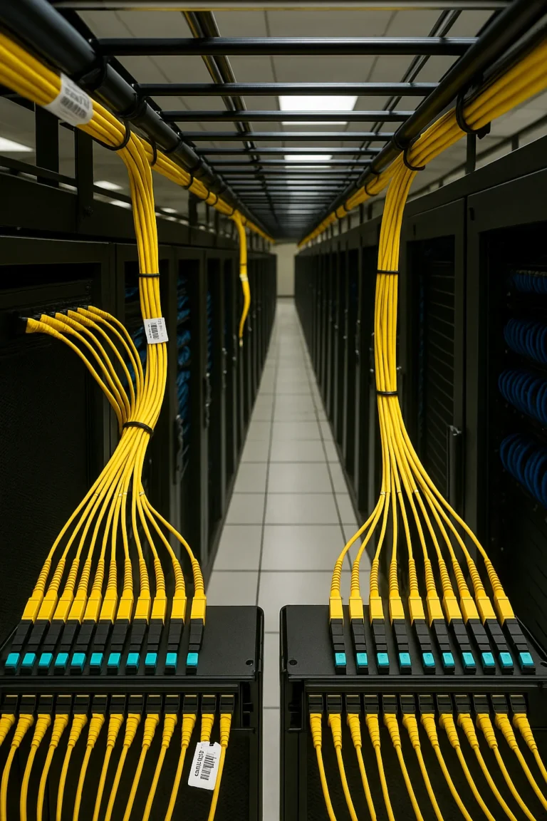 Symmetrical data center aisle with black racks; yellow fiber trunks drop from overhead tray into MTP/MPO patch panels; blue structured cabling visible behind perforated doors.