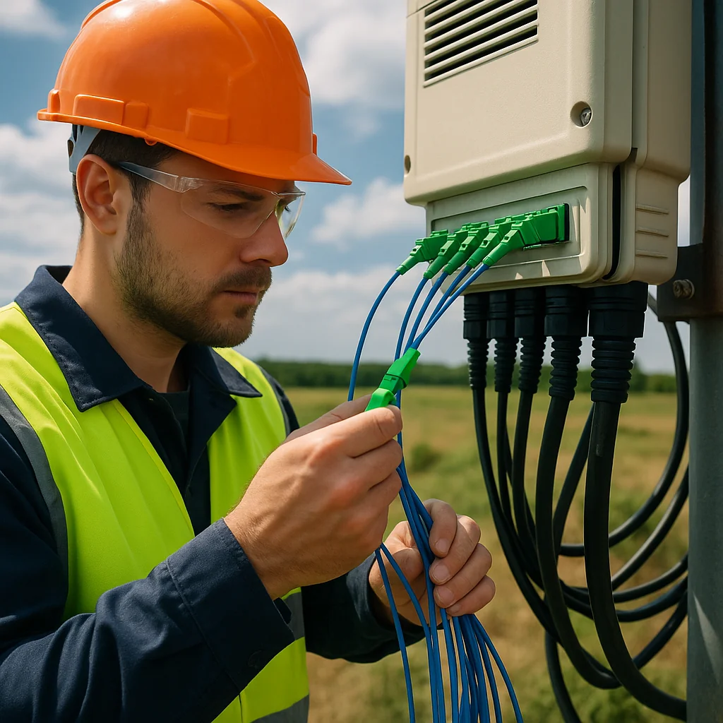 Field technician at an exterior fiber distribution box mates pre-terminated connectors; blue drop fibers and weather-sealed black feedthroughs on a metal pole; rural background.