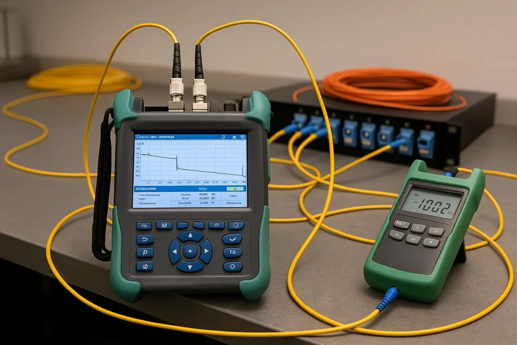 OTDR with trace on LCD and optical power meter on a gray bench; yellow patch leads into a rack-mount panel; coiled test fiber visible in the background.