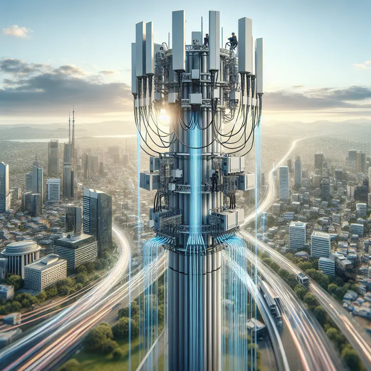 Engineer installing pre-terminated fiber optic cables on a 5G telecom tower in an urban area with clear skies.