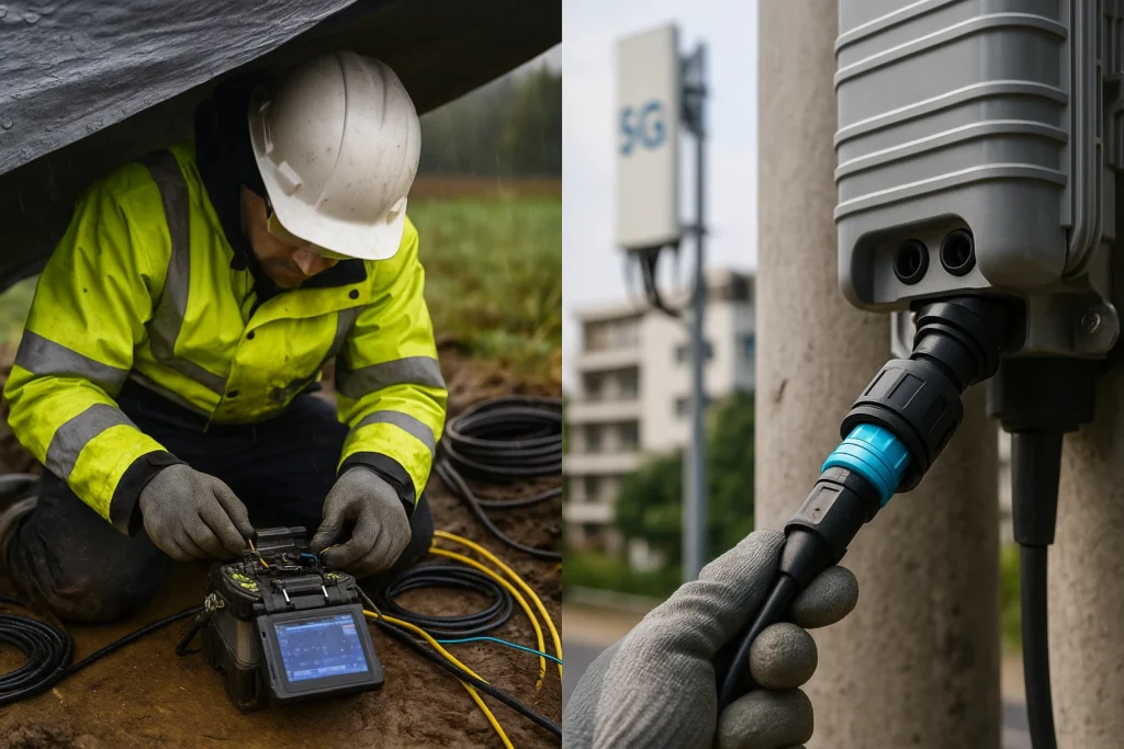 Technician splicing fiber in rain versus a clean plug-and-play pre-terminated connection on a 5G cabinet, showing speed and reliability differences