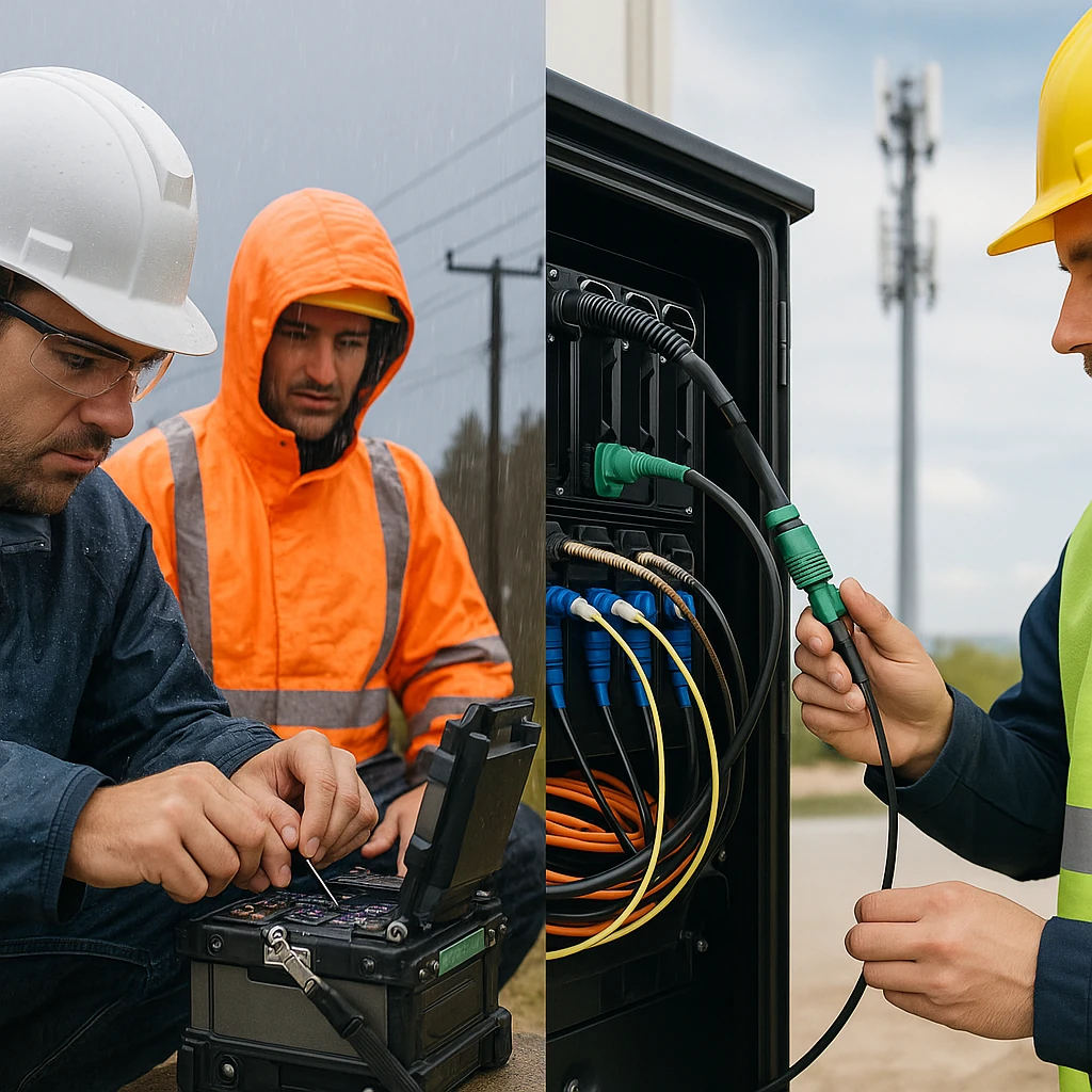 Close-up of a technician connecting a pre-terminated drop to a small-cell enclosure on a street pole with tidy routing for fast turn-up