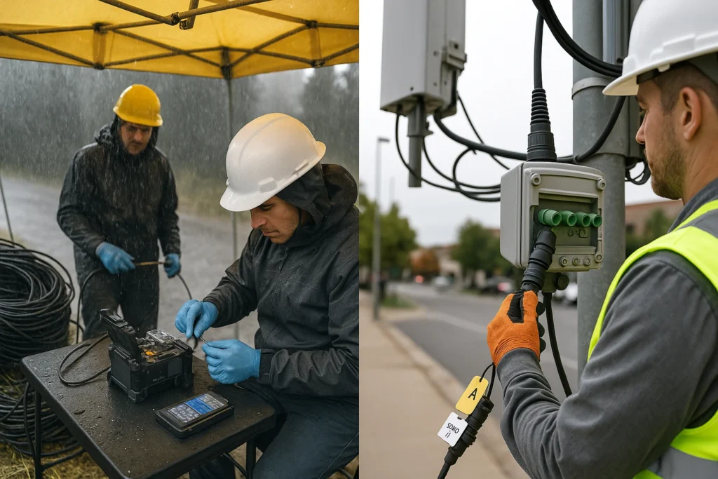Split scene of outdoor fusion splicing in wet conditions and a quick mate of a sealed pre-terminated connector at a 5G site, highlighting the bottleneck