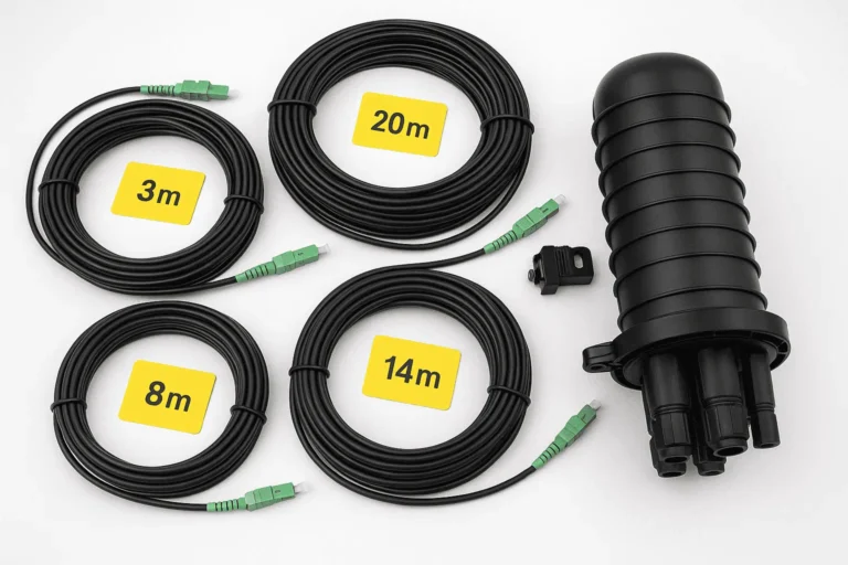 Four coiled FTTH drop cables labeled 3m, 8m, 14m and 20m with green SC/APC connectors and a black splice enclosure