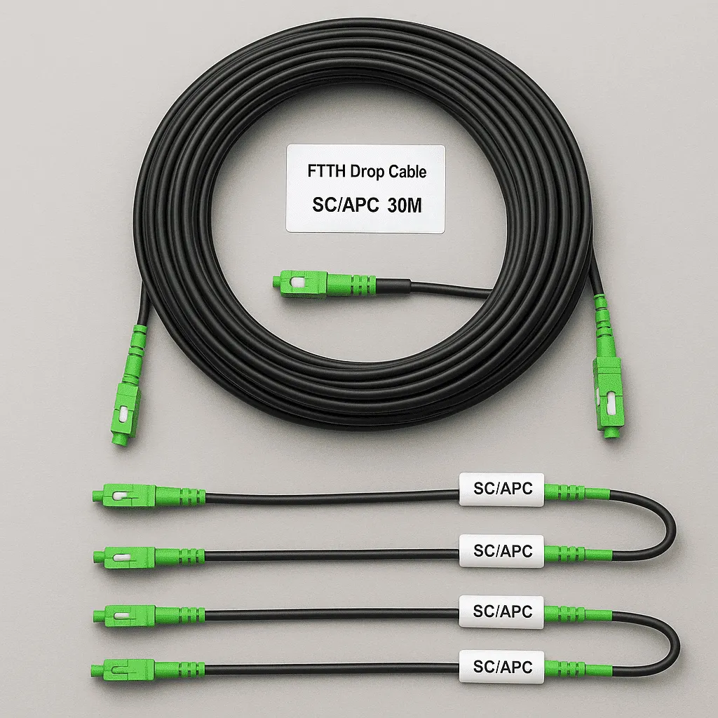 Coiled 30 m FTTH drop with SC/APC plus three labeled SC/APC patch cords on gray backdrop
