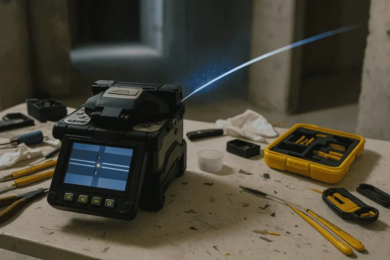 Fusion splicer working on a cluttered jobsite table with tools and fiber debris, showing a live splice—illustrates field-termination risk