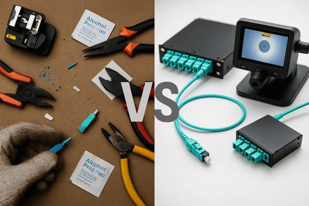 Left: field tools and fiber shards; Right: MPO cassette with inspection microscope showing PASS