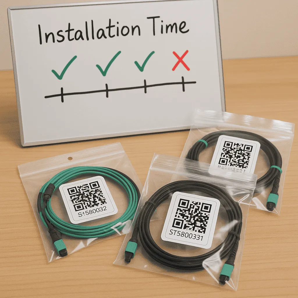 Three coiled pre-terminated jumpers in bags with QR codes in front of an “Installation Time” board with checkmarks—fast, traceable installs