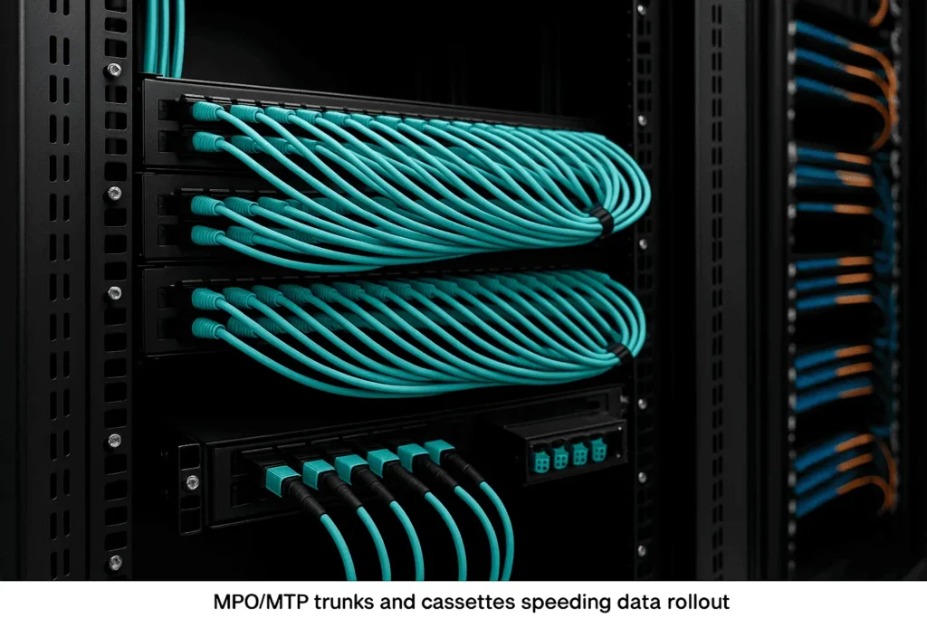 Black cassette with teal MPO ports and coiled SC/APC drops; clipboard test sheet blurred