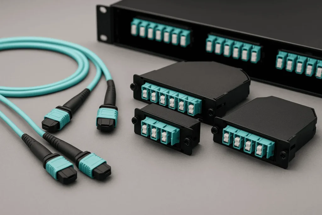 Teal MPO/MTP trunks and various MPO-LC cassettes arranged in front of a rack panel