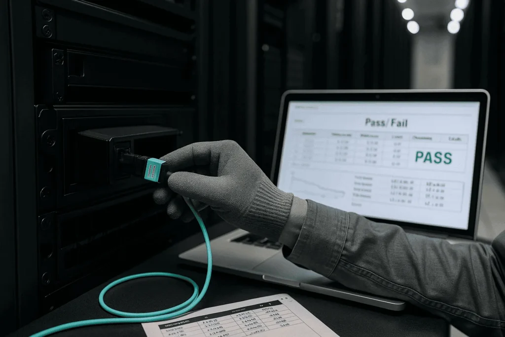 engineer working on a cluttered jobsite table with tools and fiber debris, showing a live splice—illustrates field-termination risk