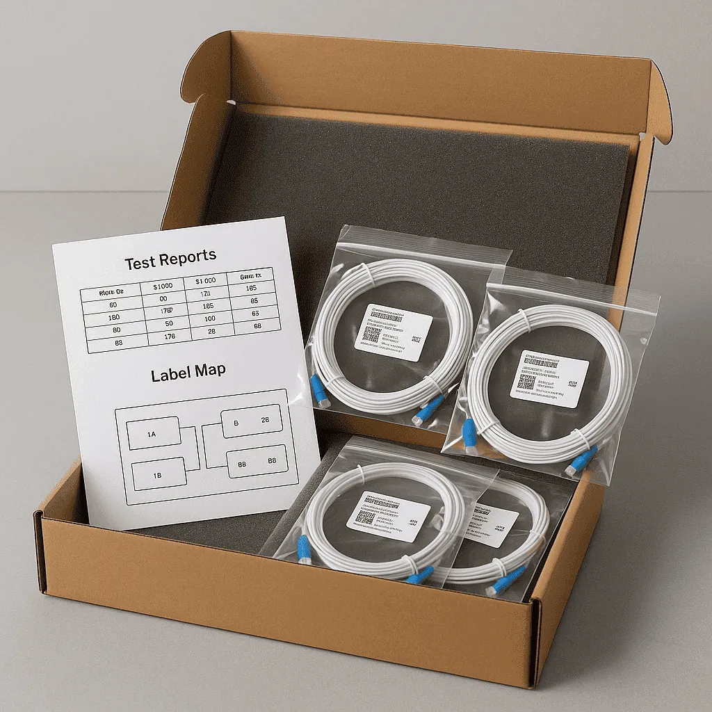 Open shipment box containing pre-terminated cables in bags plus printed IL/RL test report and label map—ready for plug-and-play deployment