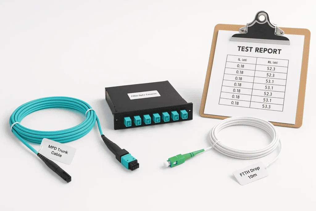 MPO trunk, MPO cassette and SC/APC FTTH drop on white background with IL/RL test report