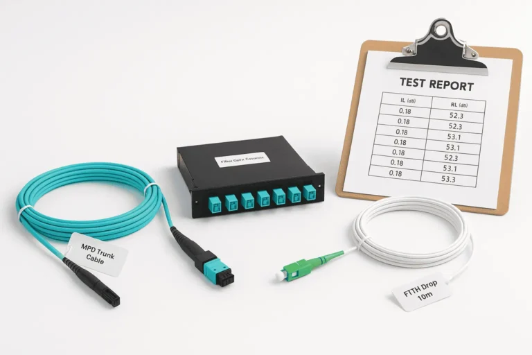 MPO trunk, MPO cassette and SC/APC FTTH drop on white background with IL/RL test report