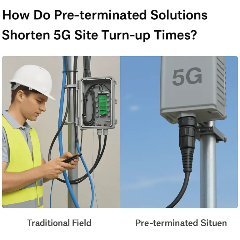 Traditional field splice versus pre-terminated connector on a 5G small cell, illustrating shorter site turn-up time