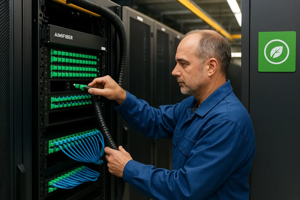 Technician installing pre-terminated MTP/MPO trunk in a high-density patch panel at an EU data center