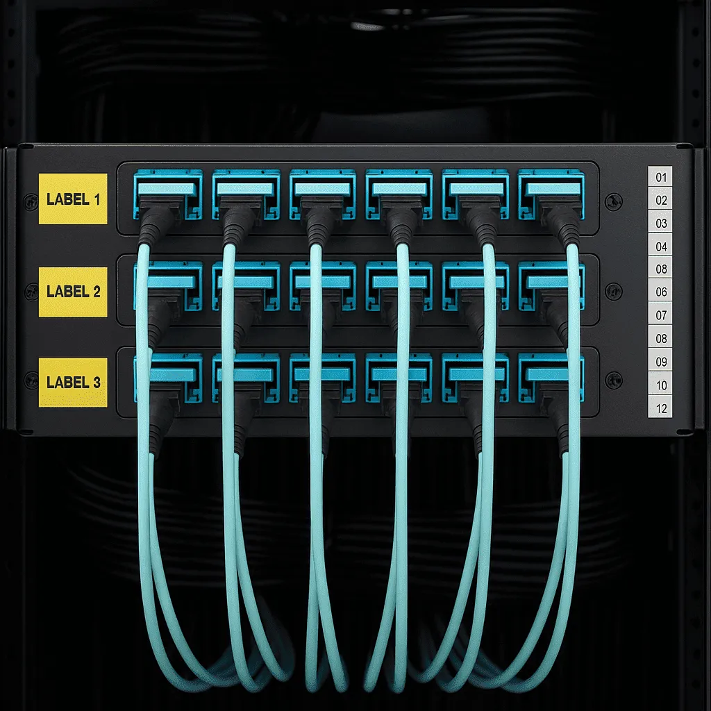 Front view of patch panel with three rows of MPO adapter ports and neatly dressed turquoise MPO trunks labeled for quick identification