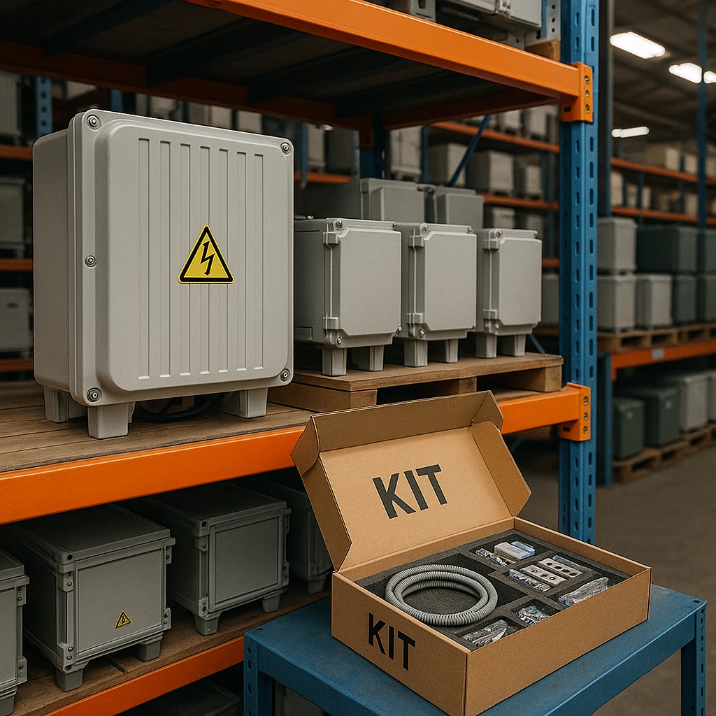 Factory warehouse scene with an opened kit box and gray outdoor enclosures on shelves, ready for pre-terminated deployment