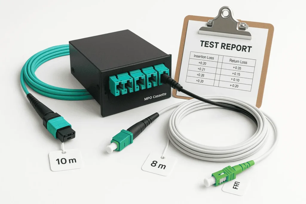 MPO trunk, MPO cassette and SC/APC FTTH drop arranged on white background next to insertion and return loss test report