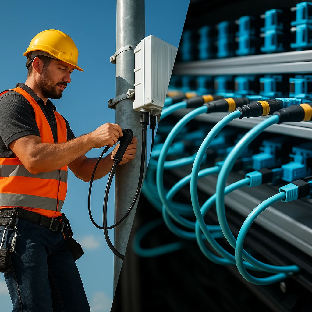 Split scene showing a small-cell outdoor install on a pole versus an organized data center fiber panel, highlighting speed and reliability differences