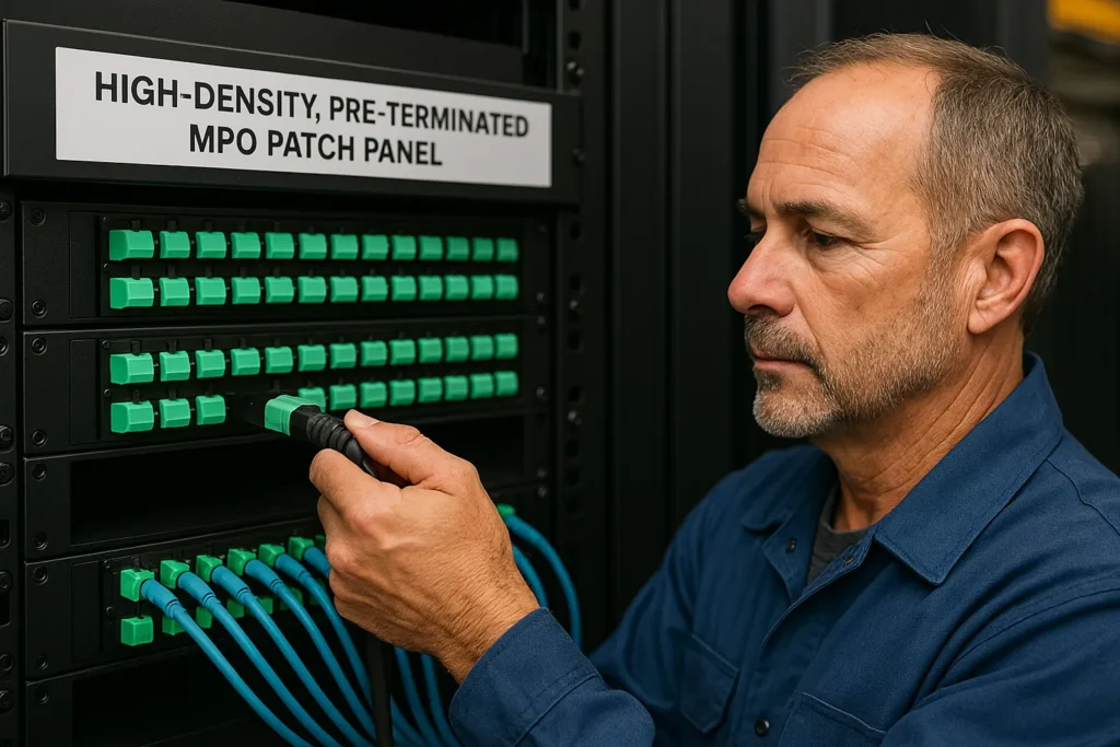 Close-up of a pre-terminated MPO patch panel with organized green ports and plugged trunks