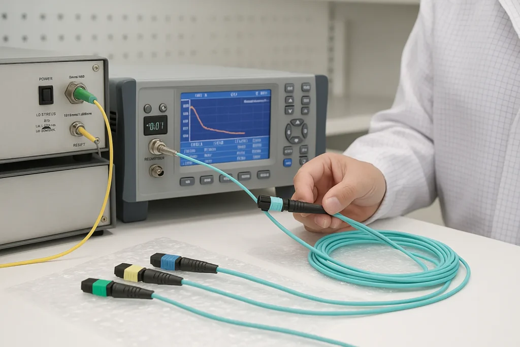 Optical test bench measuring insertion loss with OTDR trace for pre-terminated assemblies