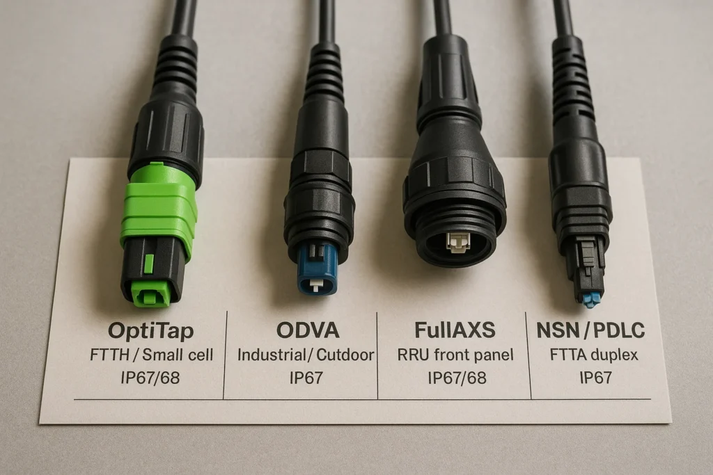 Four rugged fiber connectors—OptiTap, ODVA, FullAXS, NSN/PDLC—lined up with clear labels and IP67/68 notes for outdoor deployments