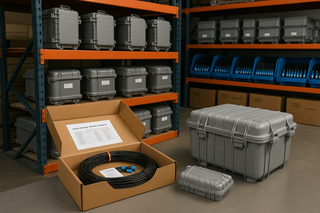 Opened pre-terminated fiber kit on a clean warehouse table with MPO trunk, MTP-LC cassettes, labeled jumpers and serialized IL/RL test sheets