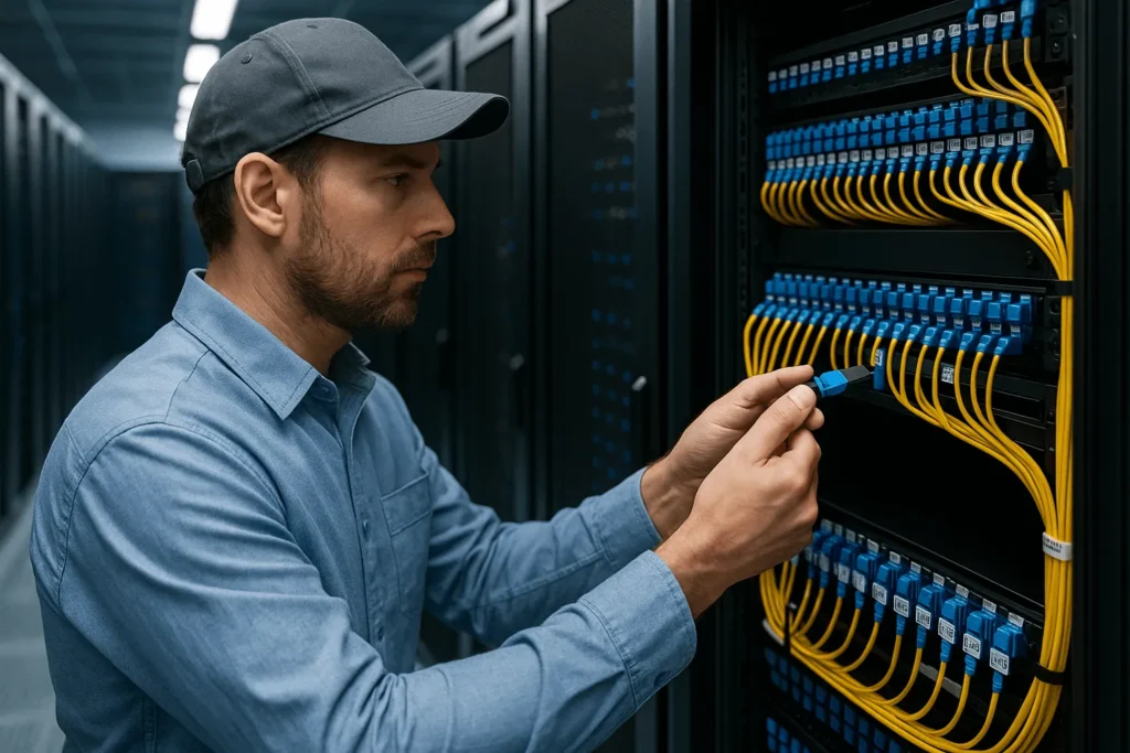 Engineer routes pre-terminated MPO trunk into a high-density patch panel inside a modern data center, emphasizing fast, plug-and-play installation