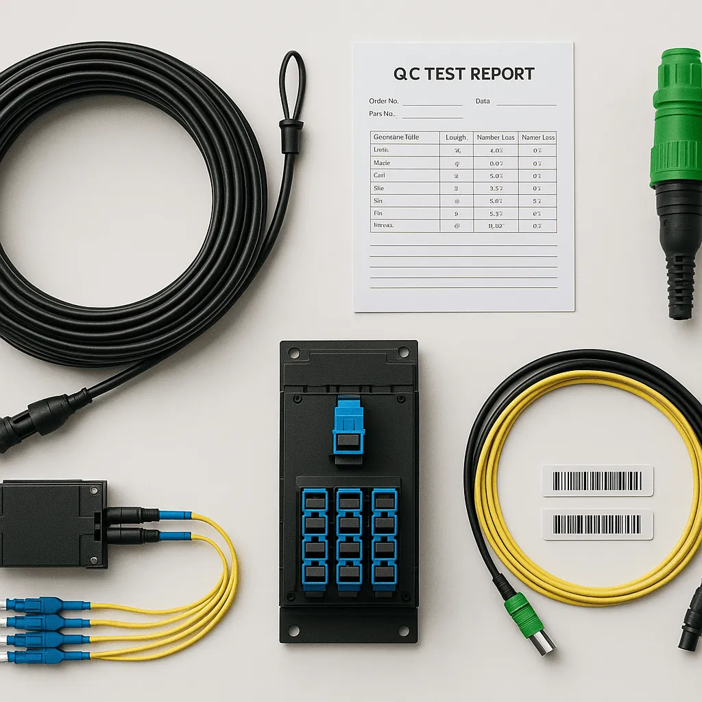 Pre-terminated FTTA kit with MPO trunk, hardened outdoor drop, MTP-LC cassette, QC test report and port labels ready for 5G rollout