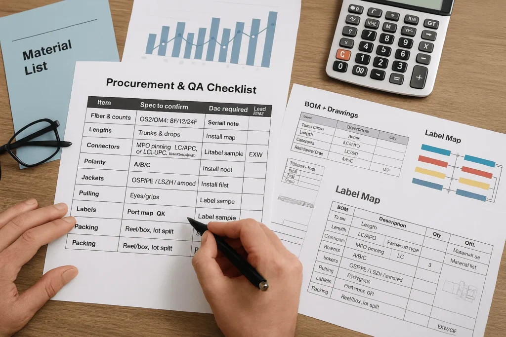 Procurement desk with BOM, polarity drawings, packing map and serialized test reports used to specify and accept pre-terminated fiber kits