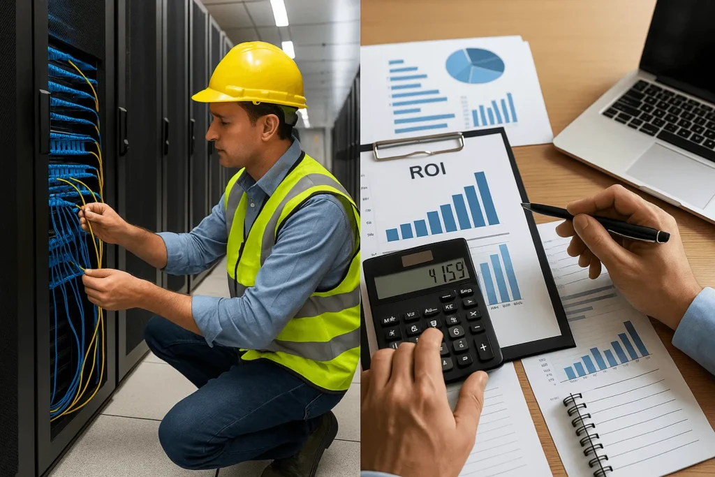 Two-person team finishes a data-center row using pre-terminated MPO trunks and cassettes, reducing install time and rework